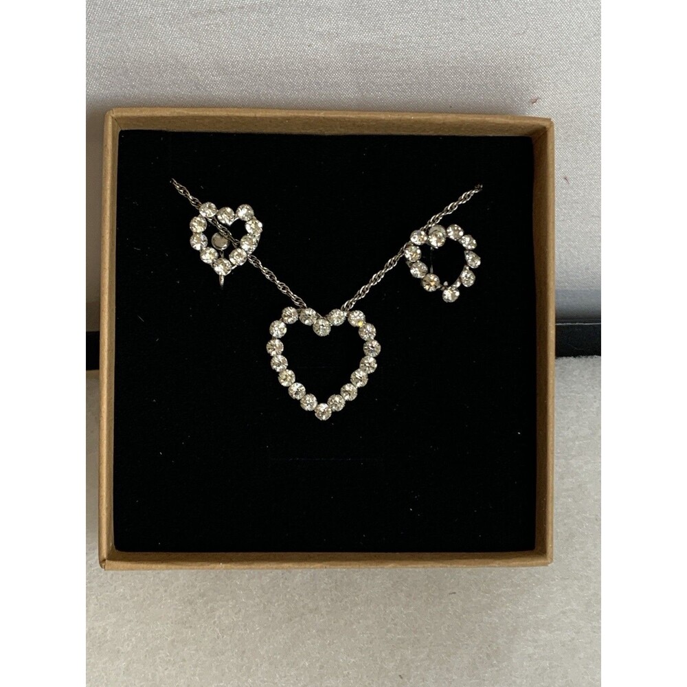 A&Z Vintage Sterling Silver Rhinestone Heart Necklace 15” Screw Back Earring Set